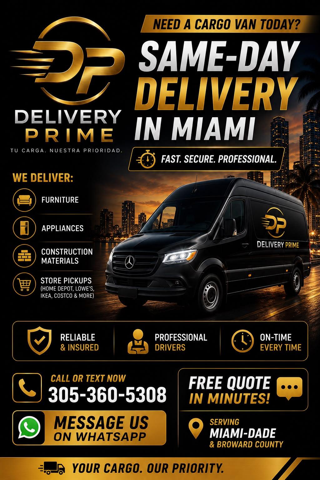 Delivery Prime Vans Mercedes Sprinter cargo van for same-day delivery in Miami